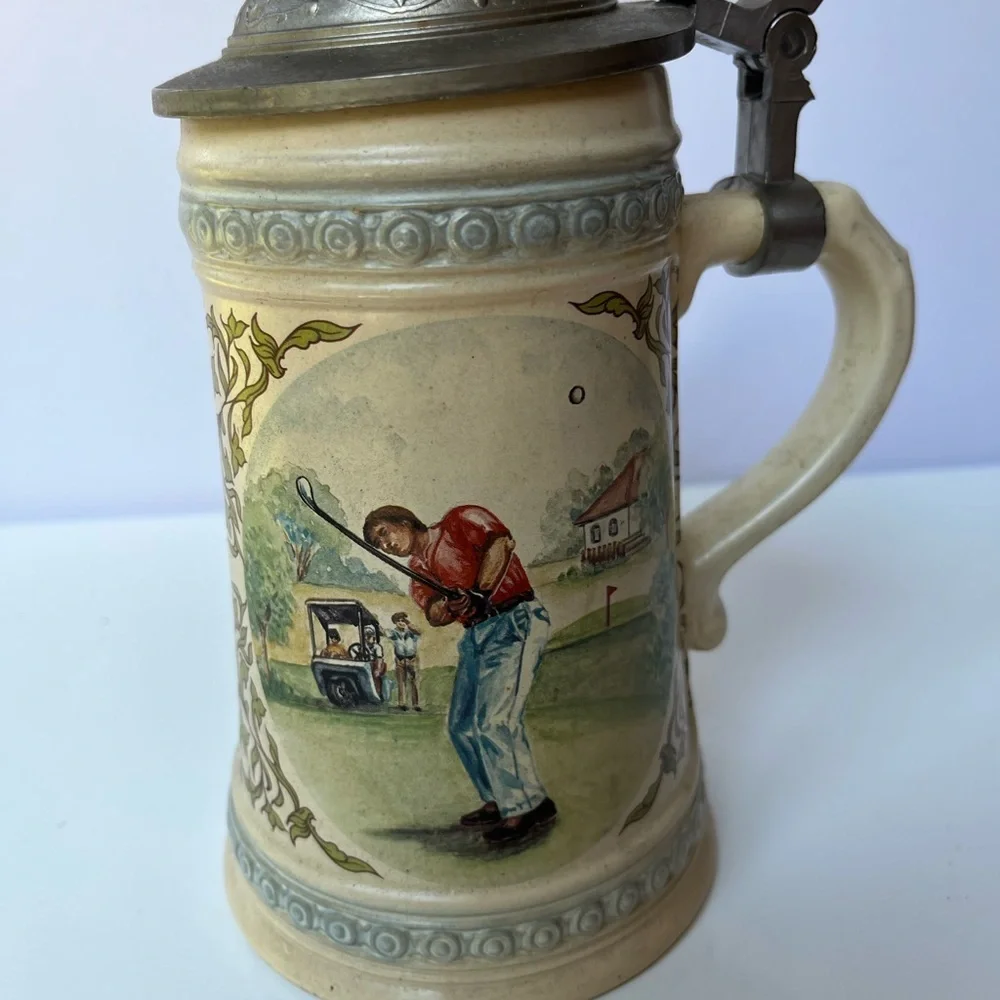 Vintage Ceramic German Beer Stein with Golf Scene and Pewter lid